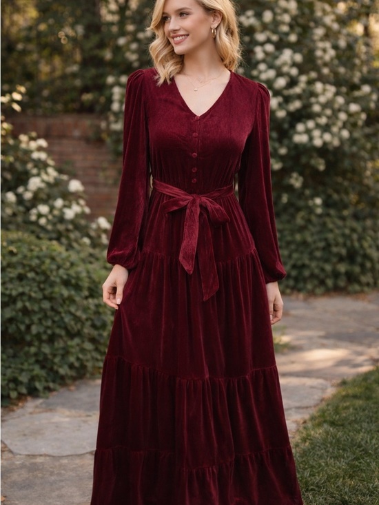 HALARA Dresses & Skirts - Halara Burgundy Velvet Midi Dress Size XS NWOT Tie Waist Long Sleeve  (A/28)